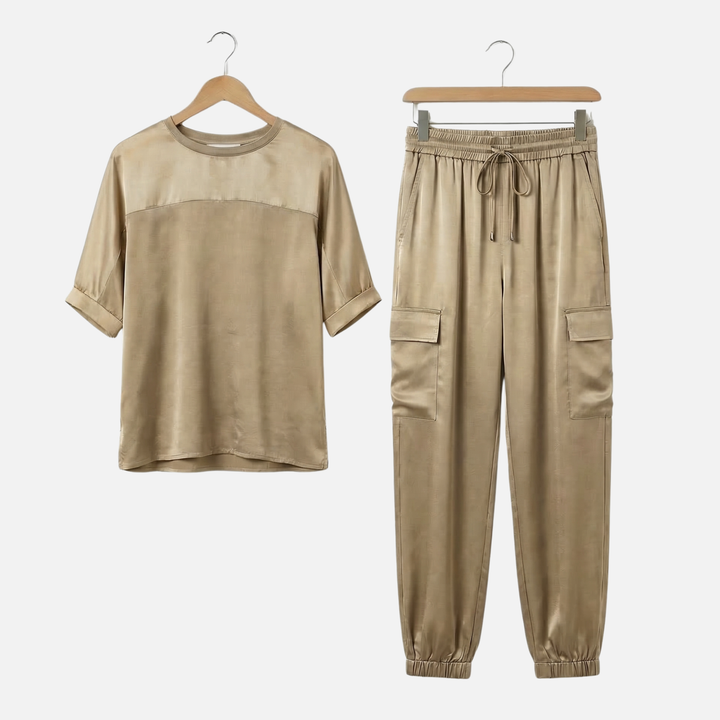 Relaxed Fit Satin Set with Blouse and Pants for Women