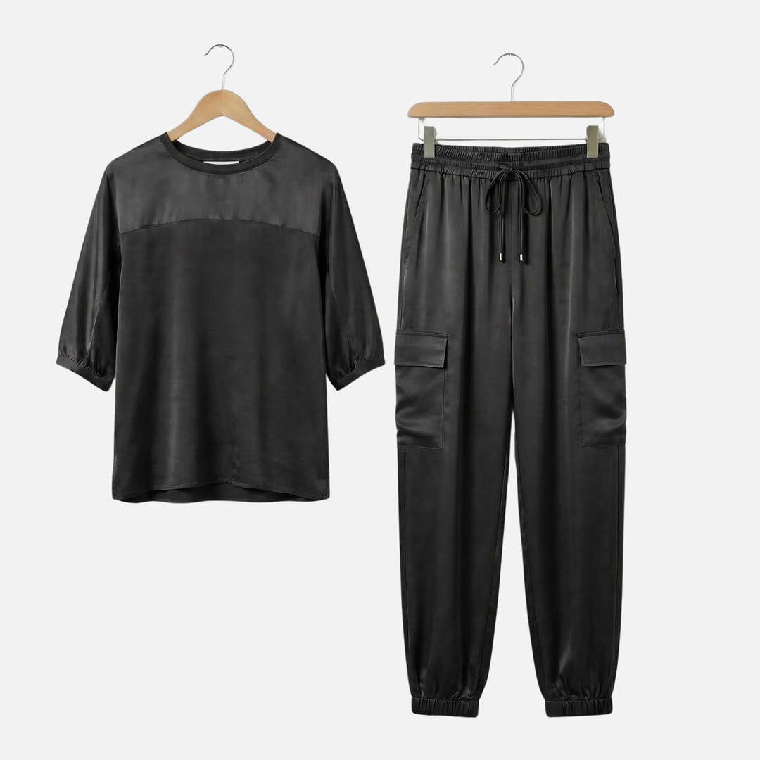 Relaxed Fit Satin Set with Blouse and Pants for Women