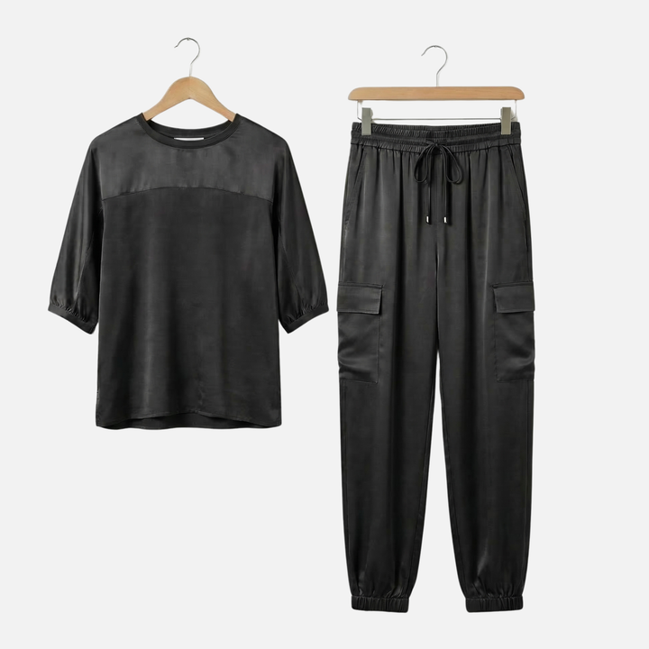 Relaxed Fit Satin Set with Blouse and Pants for Women