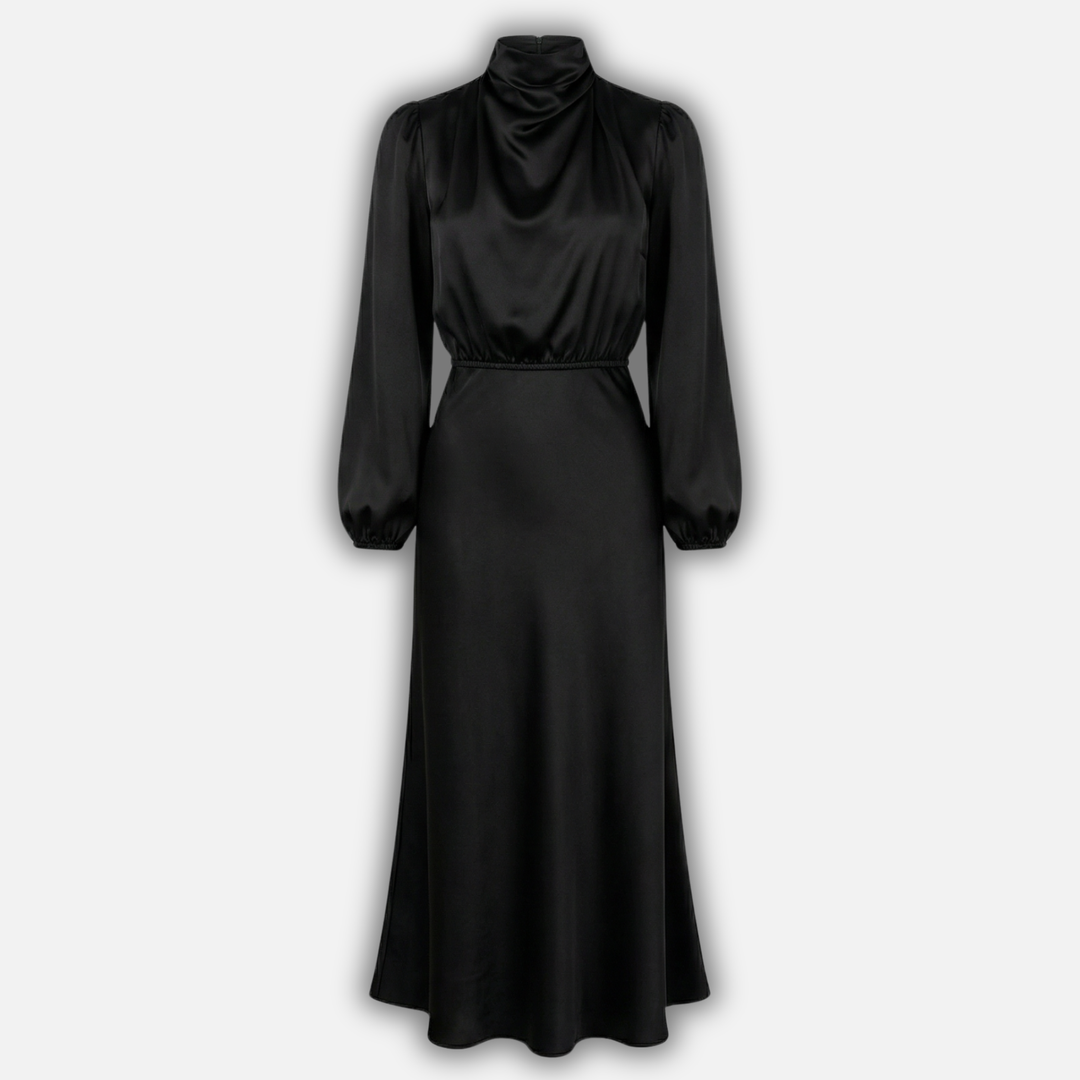 Satin A-Line Midi Dress with Cinched Waist for Women
