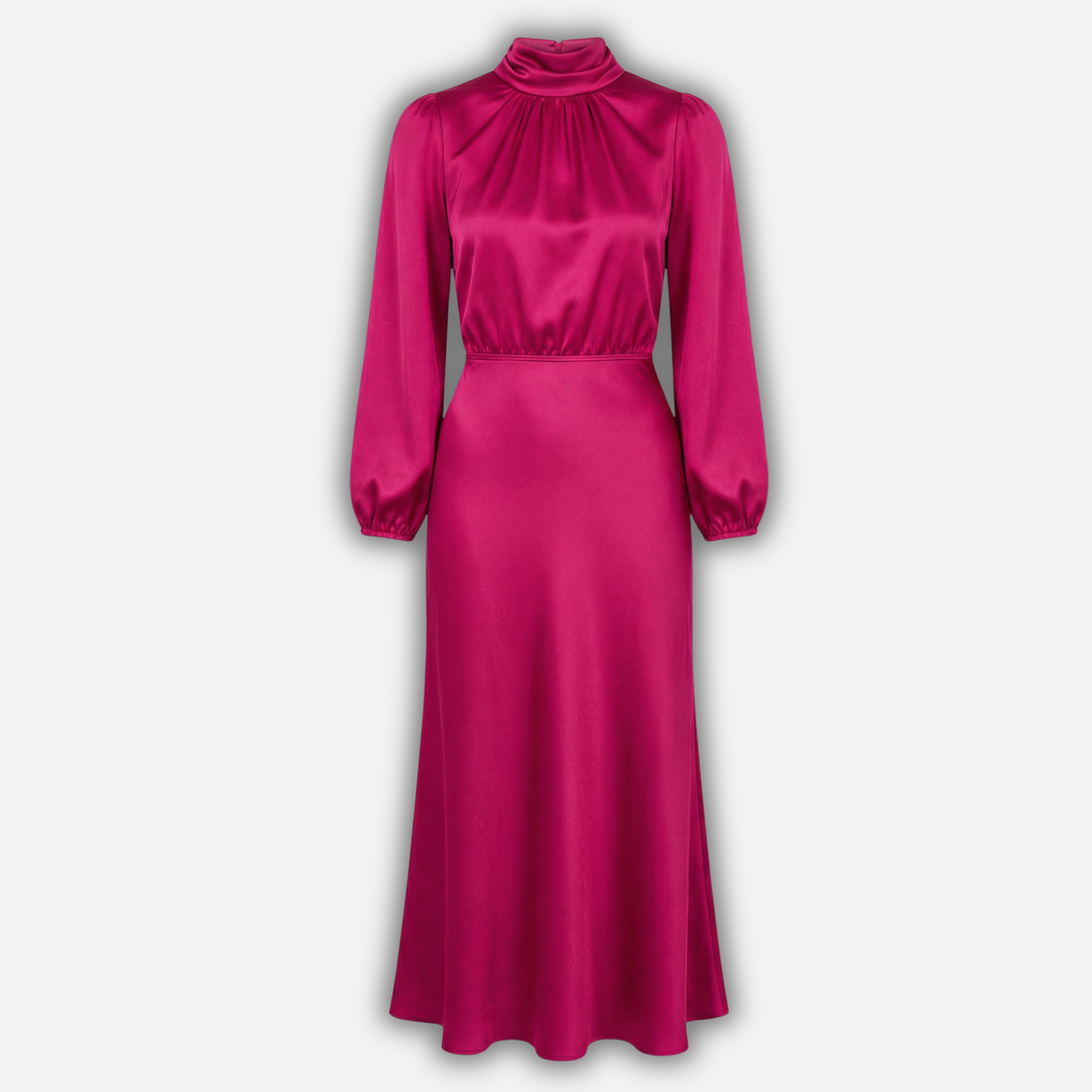 Satin A-Line Midi Dress with Cinched Waist for Women