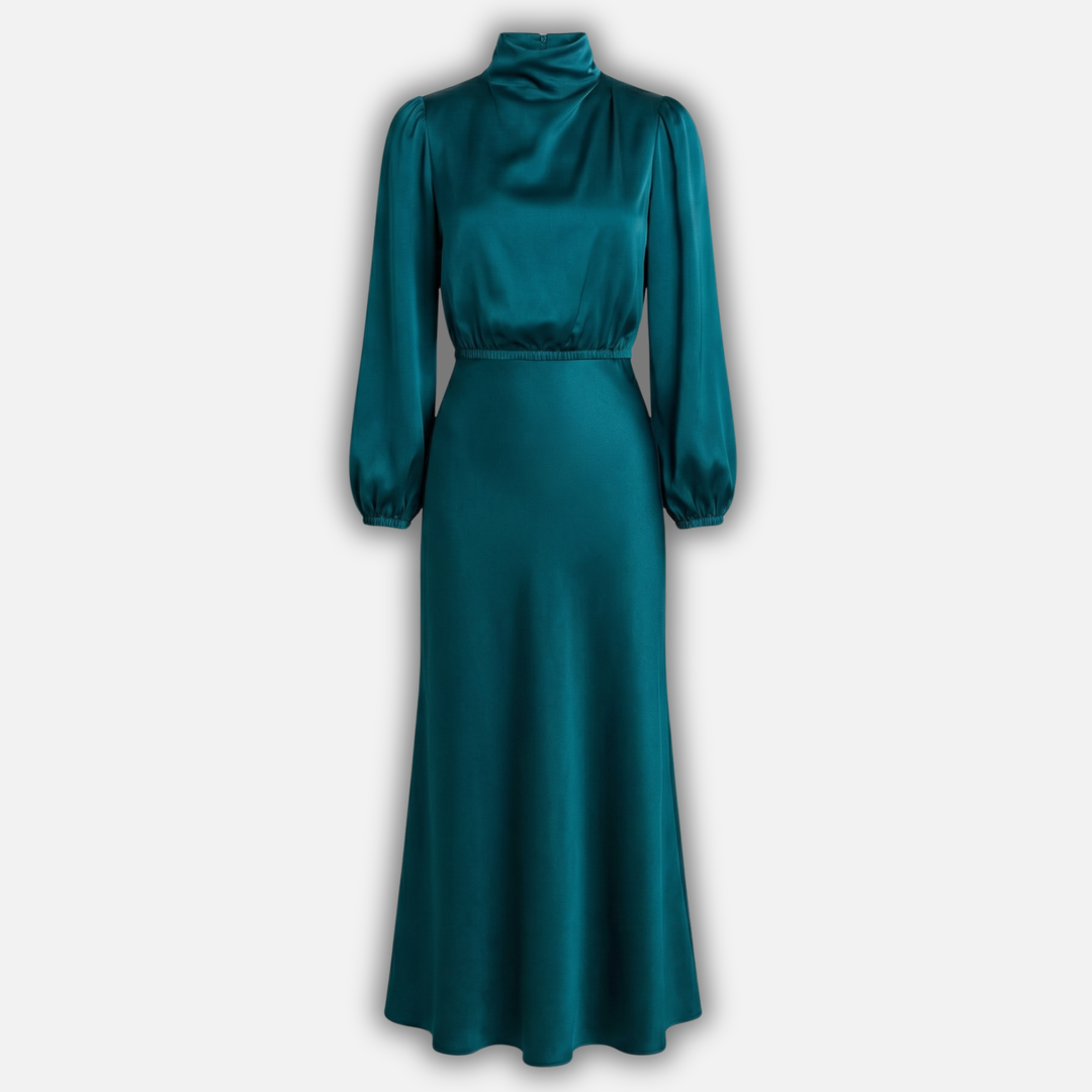 Satin A-Line Midi Dress with Cinched Waist for Women