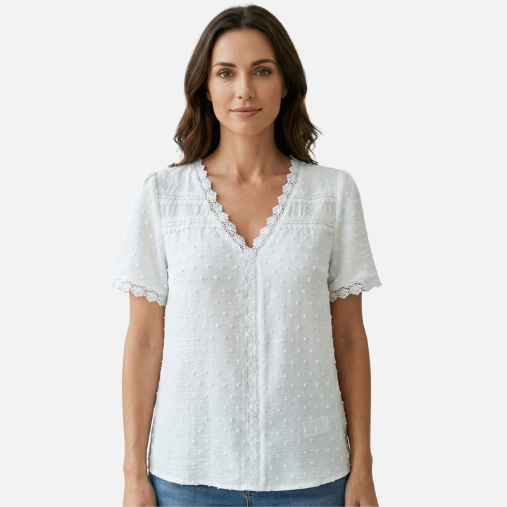 Summer Knit Top with Lace Inserts - V-Neck Shirt for Women