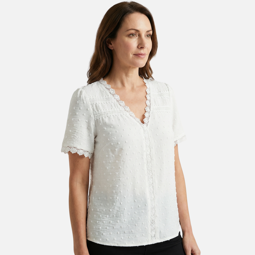Summer Knit Top with Lace Inserts - V-Neck Shirt for Women