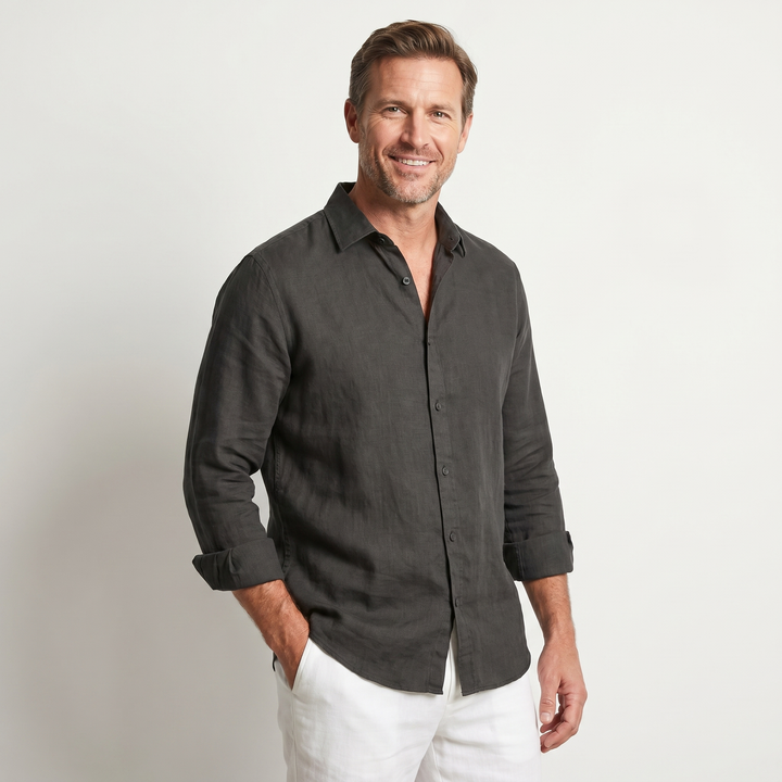 Linen Summer Shirt – Button-Down Roll-Up Sleeve for Men
