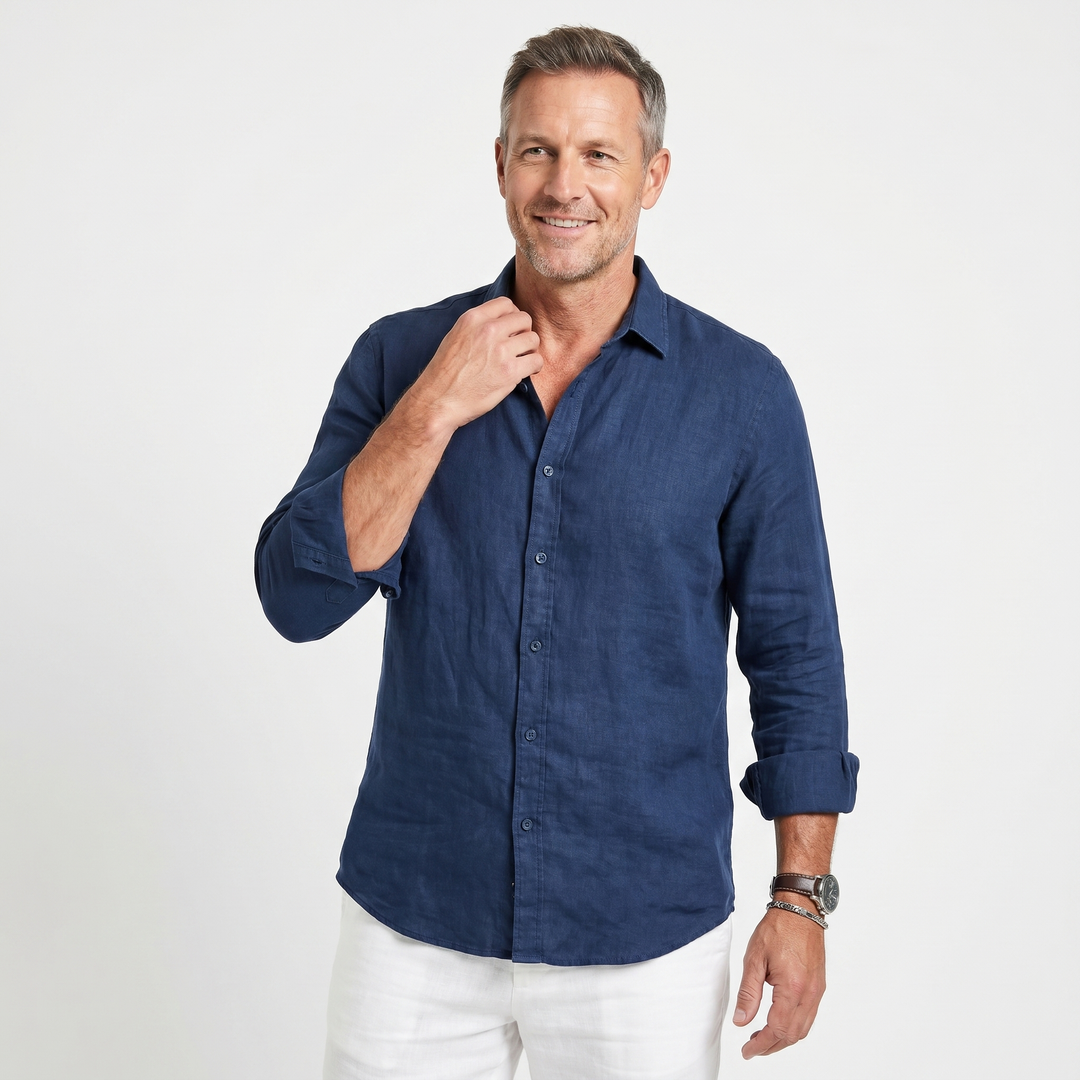 Linen Summer Shirt – Button-Down Roll-Up Sleeve for Men