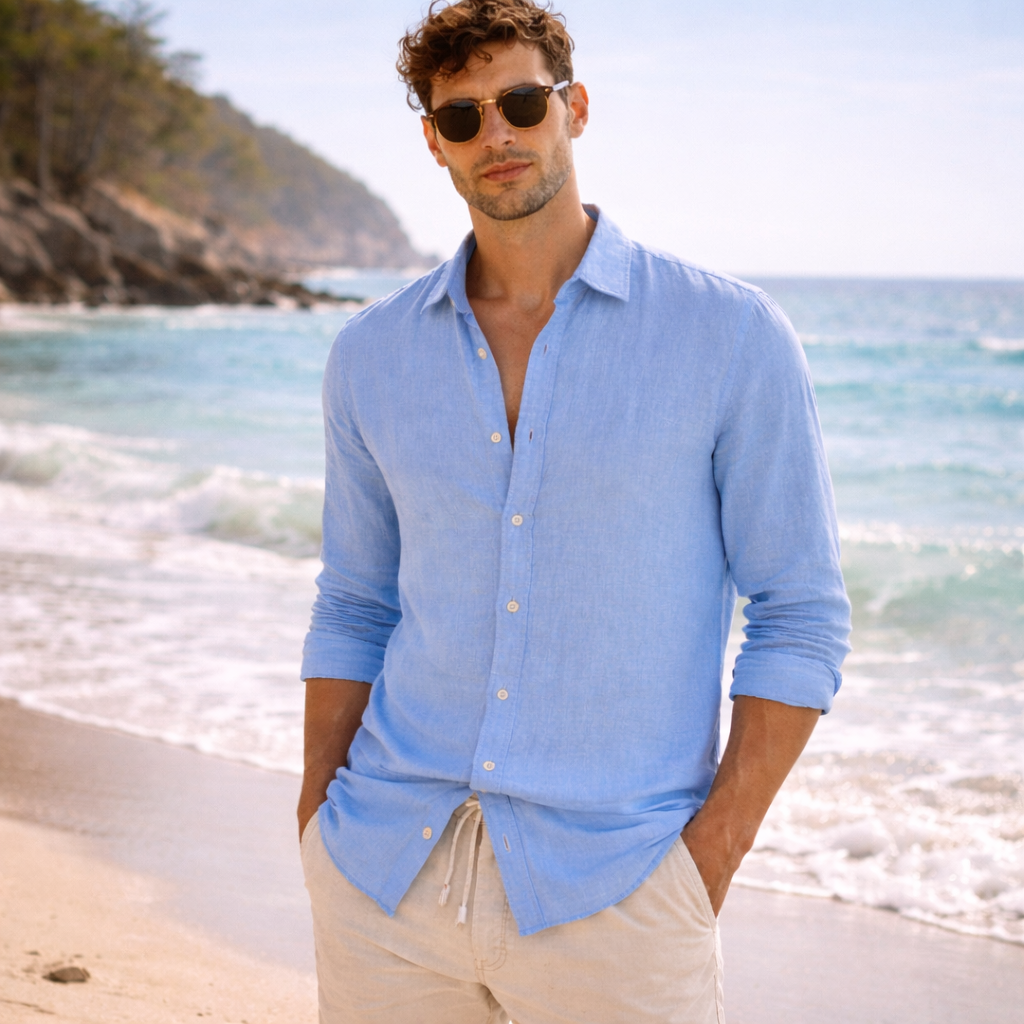 Linen Blend Button-Up Shirt with Long Sleeves for Men