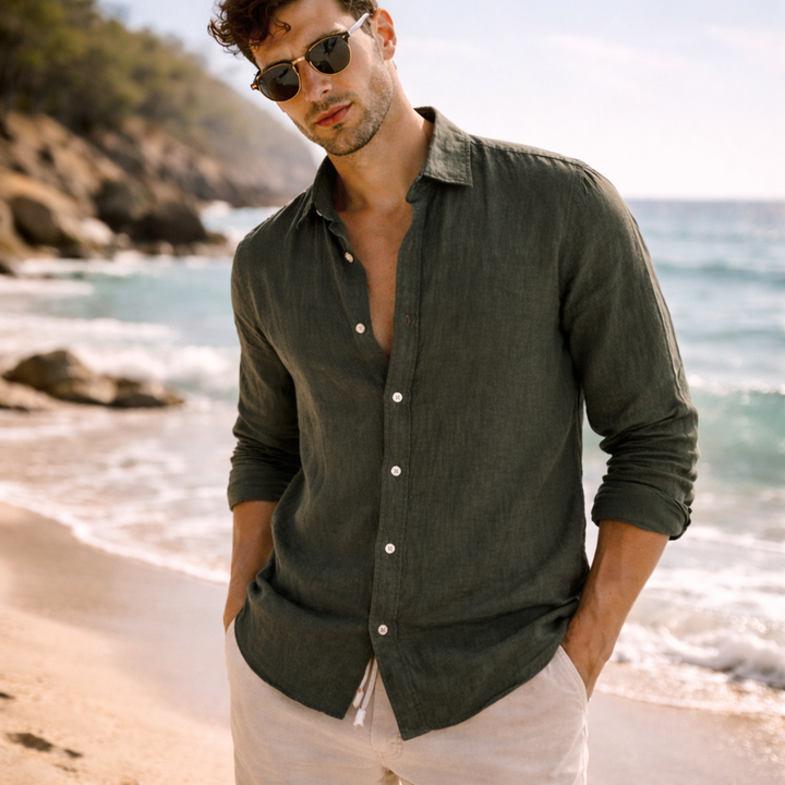 Linen Blend Button-Up Shirt with Long Sleeves for Men