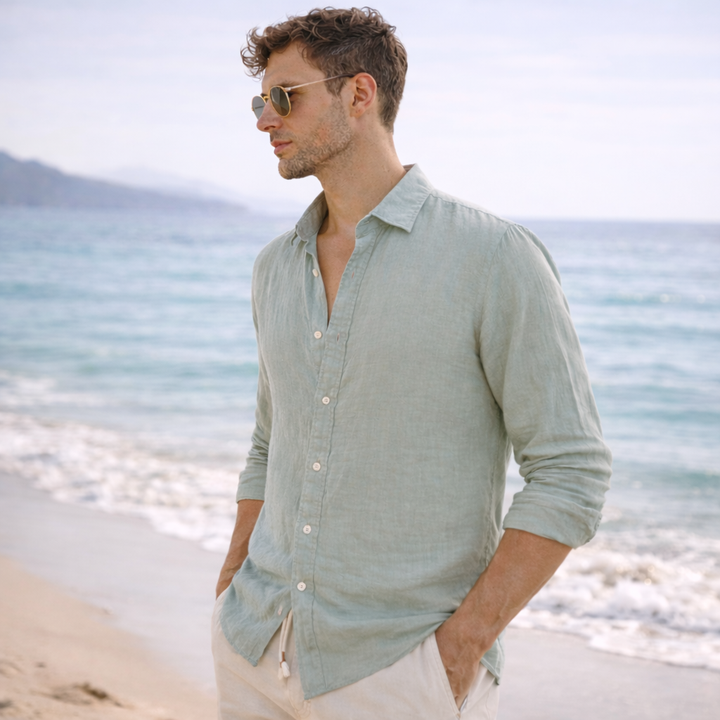 Linen Blend Button-Up Shirt with Long Sleeves for Men