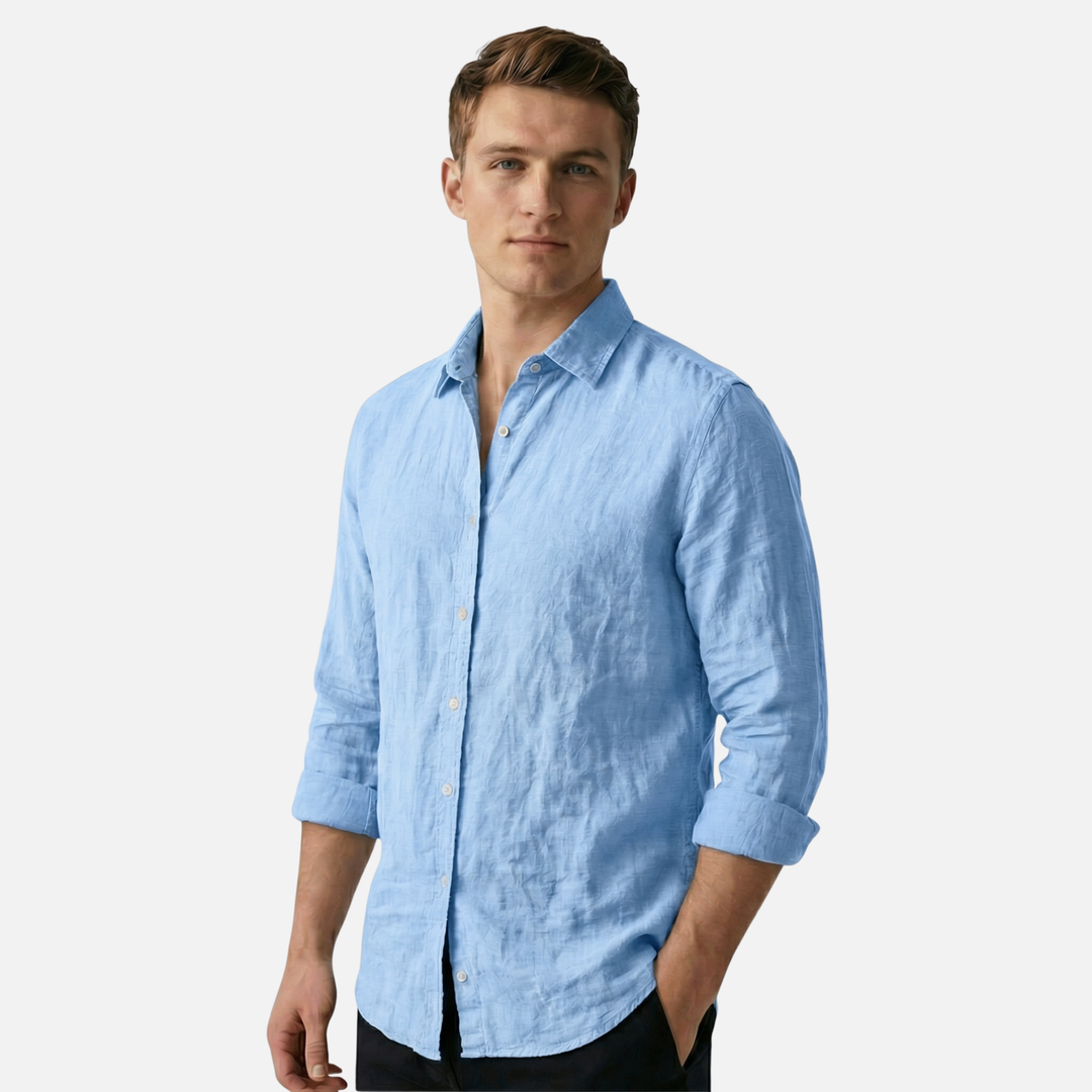 Linen Blend Button-Up Shirt with Long Sleeves for Men