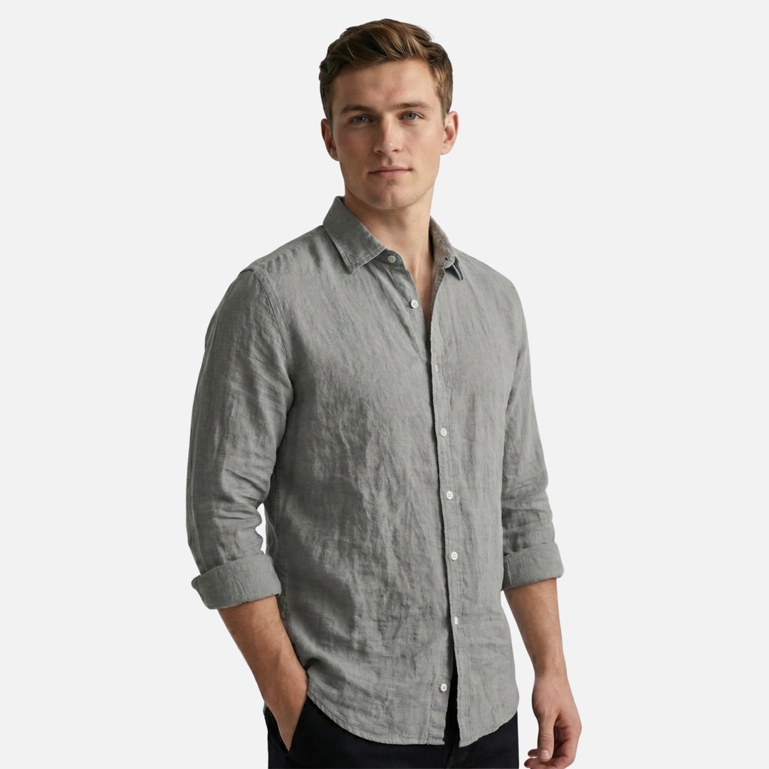Linen Blend Button-Up Shirt with Long Sleeves for Men
