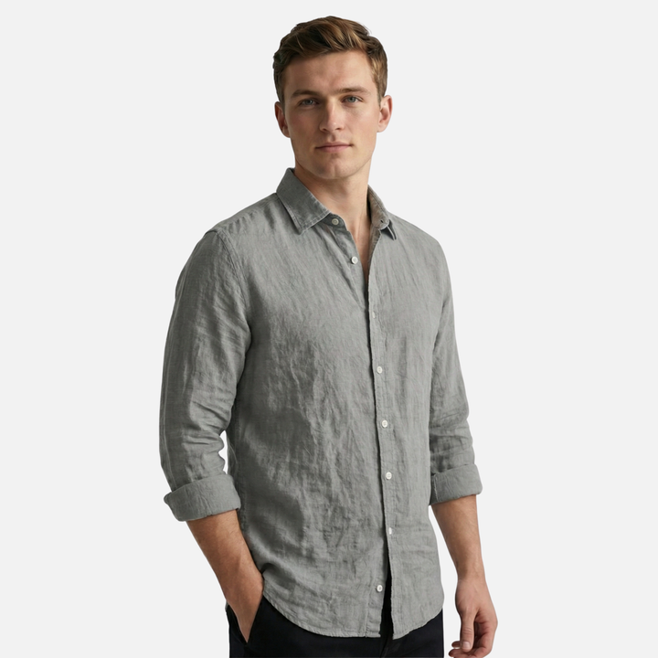 Linen Blend Button-Up Shirt with Long Sleeves for Men