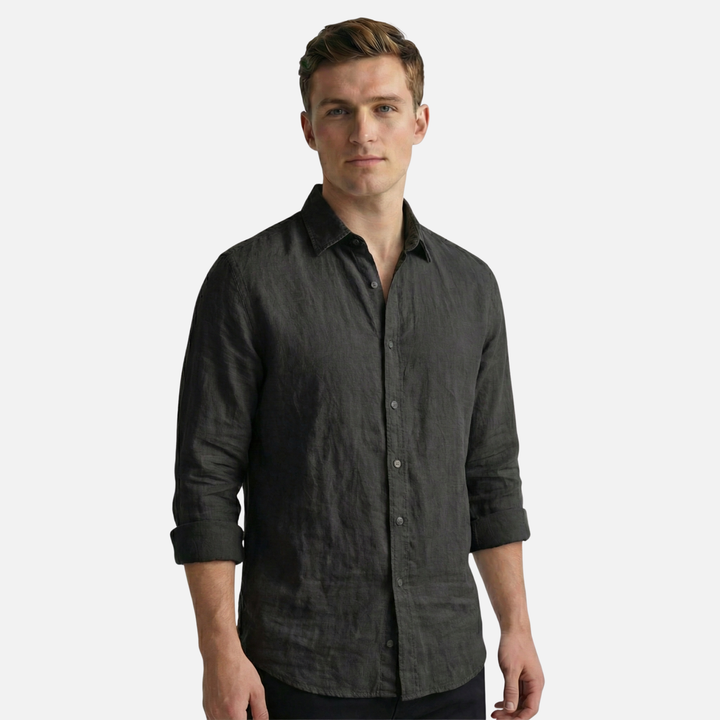 Linen Blend Button-Up Shirt with Long Sleeves for Men