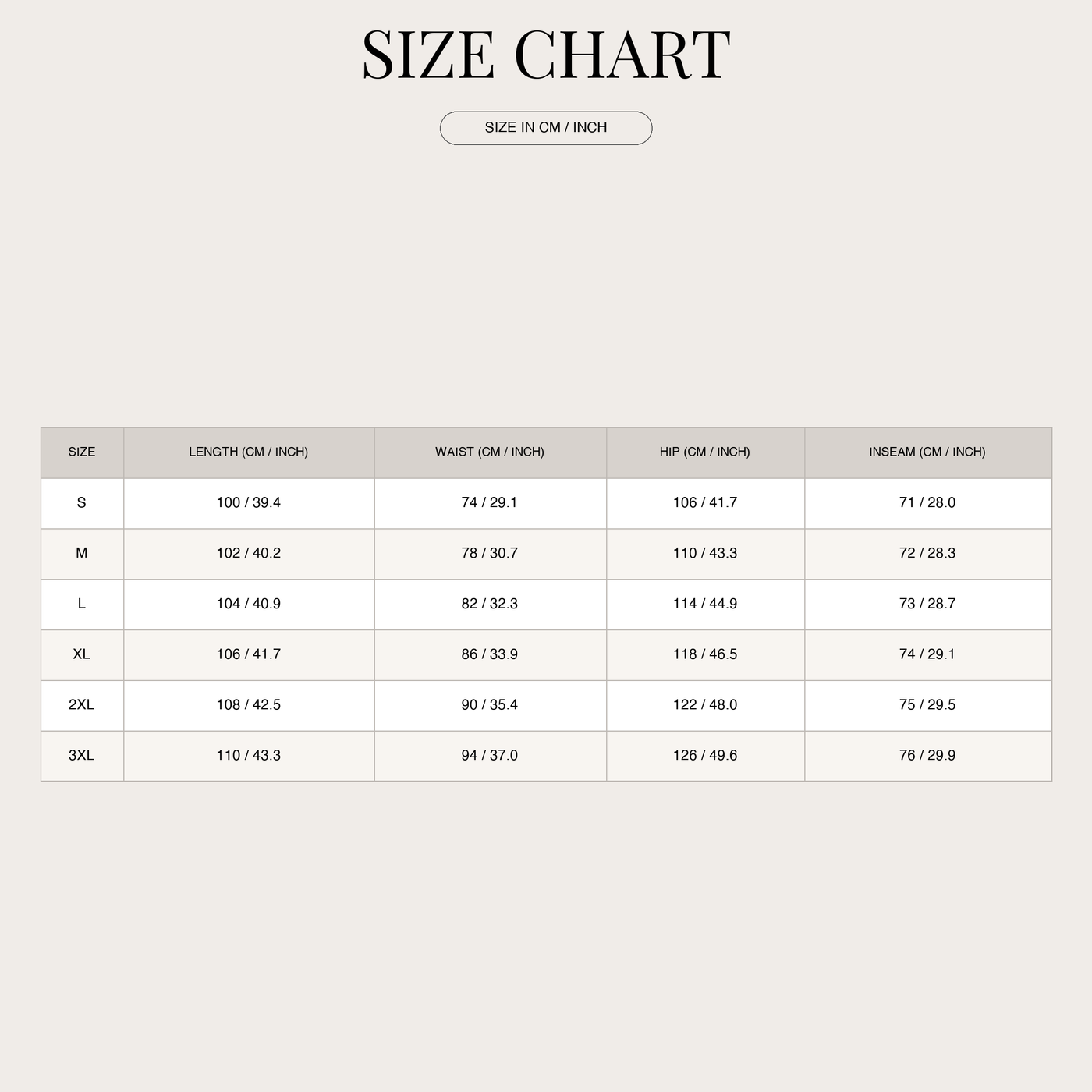 Men's Linen Trousers – Drawstring Elasticated Waist size chart