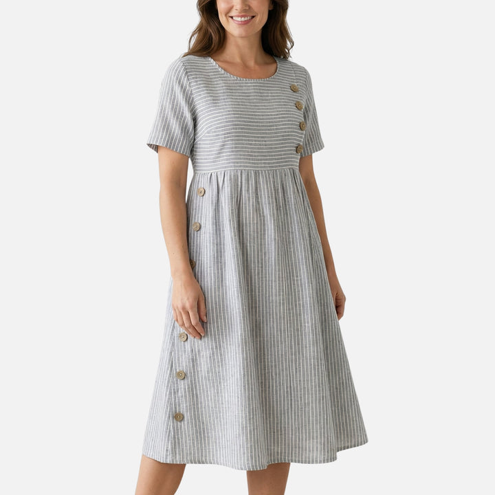 Linen Mid-Length Dress with Front Buttons for Women