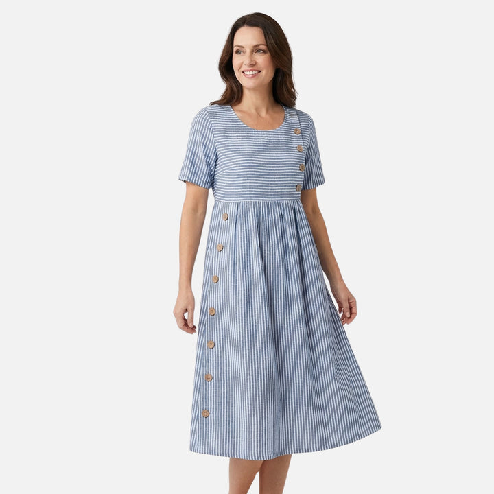 Linen Mid-Length Dress with Front Buttons for Women