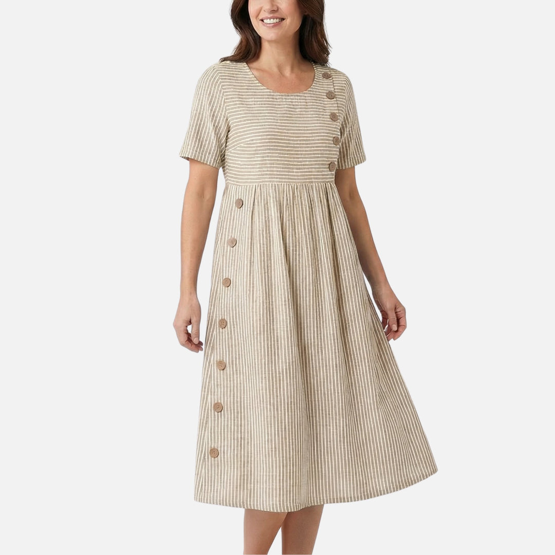 Linen Mid-Length Dress with Front Buttons for Women