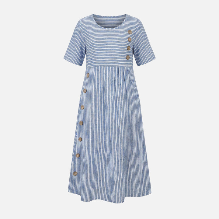 Linen Mid-Length Dress with Front Buttons for Women