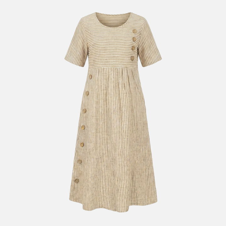 Linen Mid-Length Dress with Front Buttons for Women