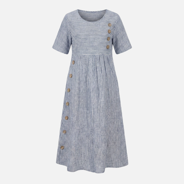 Linen Mid-Length Dress with Front Buttons for Women