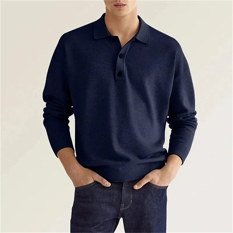 Long-Sleeve Polo Shirt with Button-Front Collar for Men