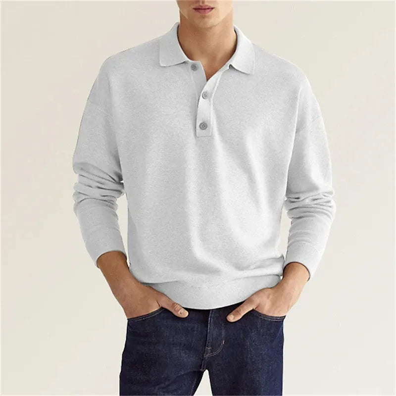 Long-Sleeve Polo Shirt with Button-Front Collar for Men