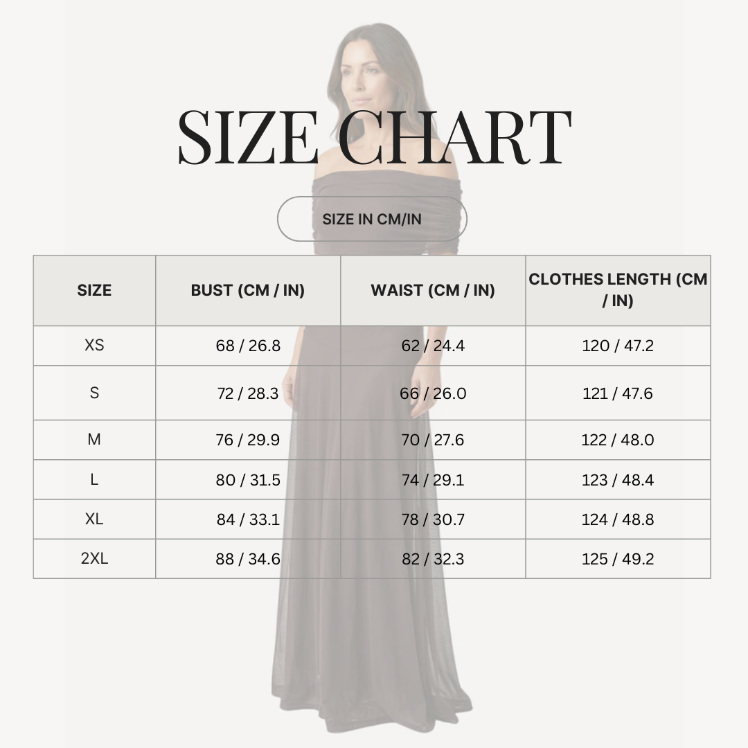 Long Off-Shoulder Chiffon Dress for Women size chart