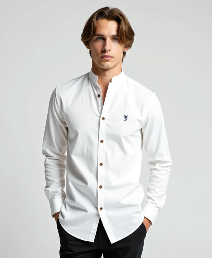 Slim Fit Grandad Collar Cotton Shirt for Men