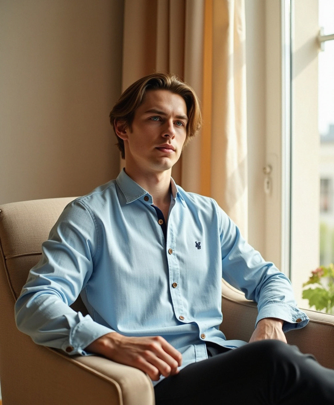 Slim Fit Grandad Collar Cotton Shirt for Men