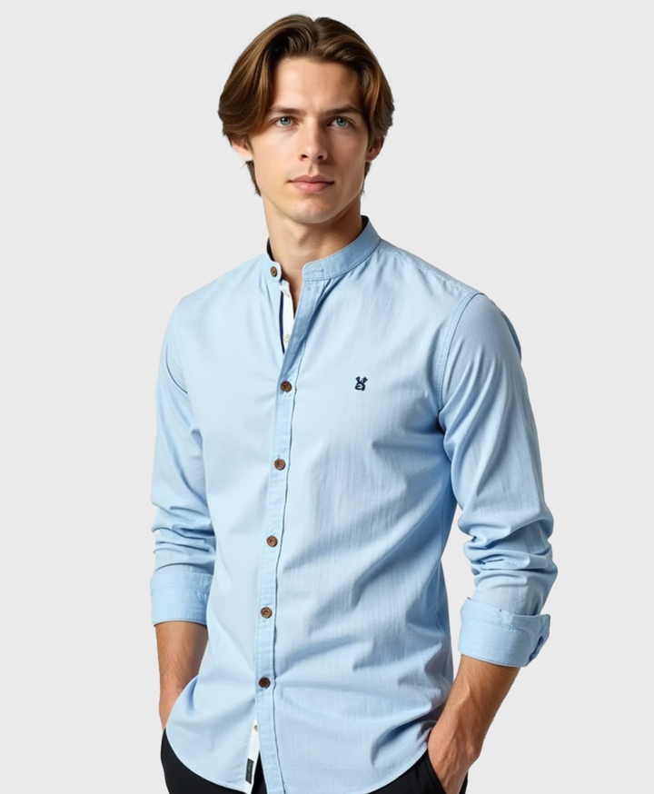 Slim Fit Grandad Collar Cotton Shirt for Men