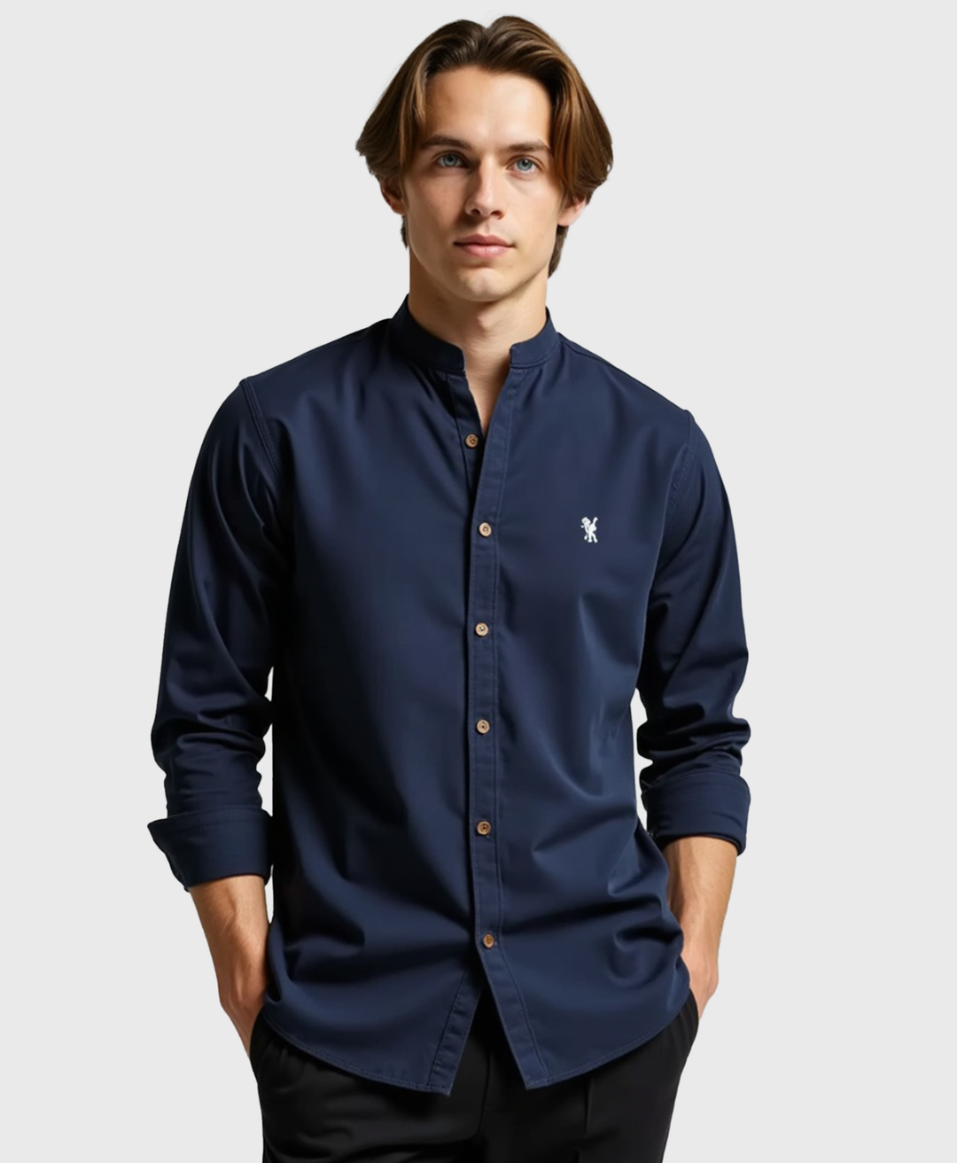 Slim Fit Grandad Collar Cotton Shirt for Men