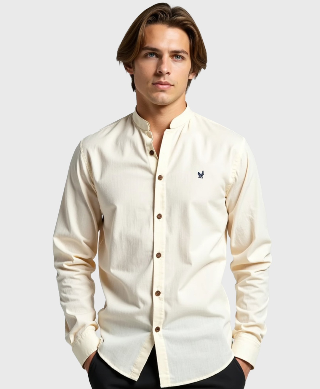 Slim Fit Grandad Collar Cotton Shirt for Men