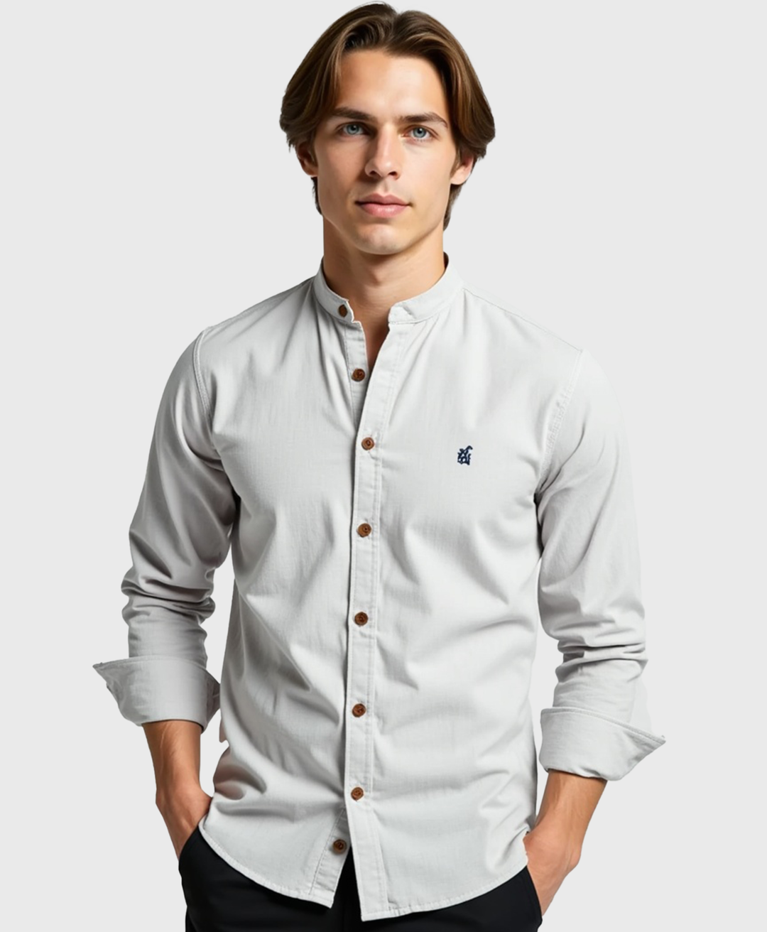 Slim Fit Grandad Collar Cotton Shirt for Men