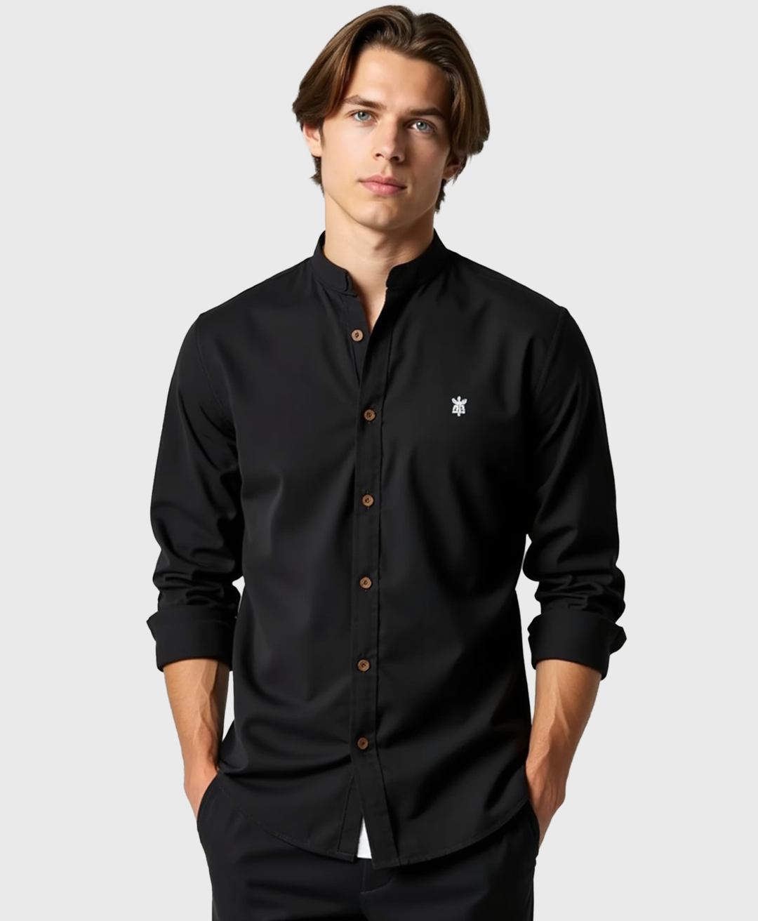 Slim Fit Grandad Collar Cotton Shirt for Men
