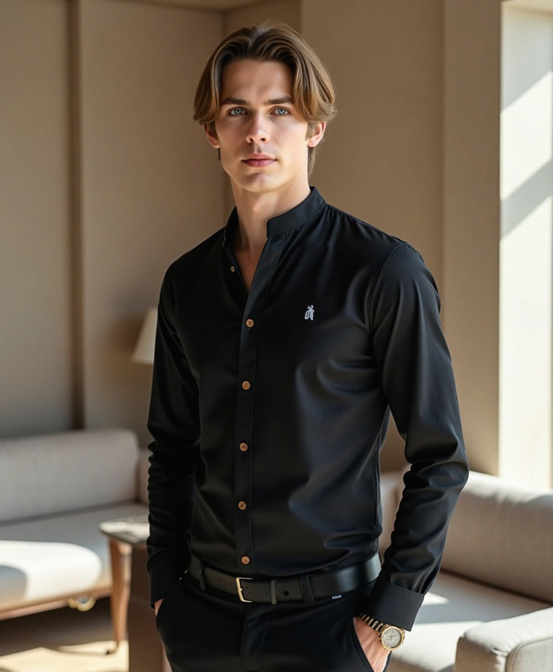 Slim Fit Grandad Collar Cotton Shirt for Men