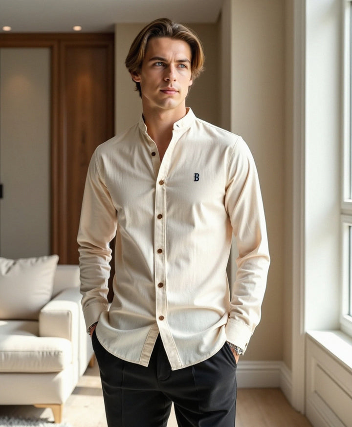 Slim Fit Grandad Collar Cotton Shirt for Men