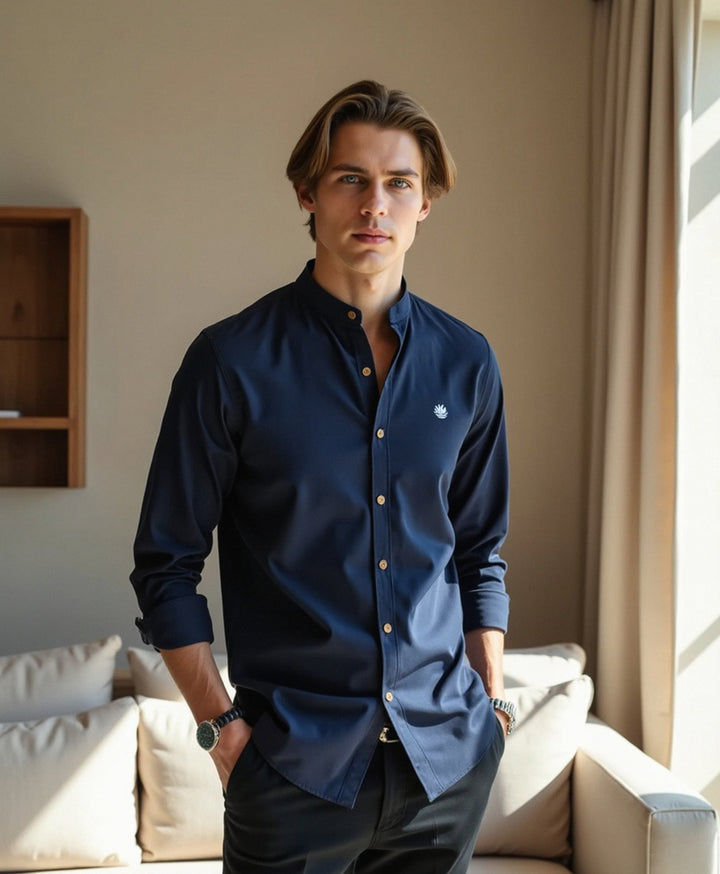 Slim Fit Grandad Collar Cotton Shirt for Men