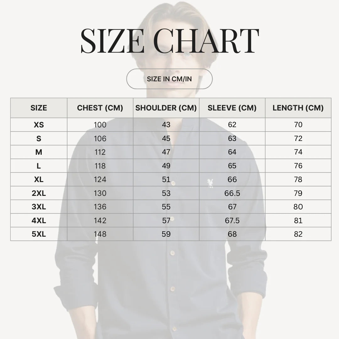 Slim Fit Grandad Collar Cotton Shirt for Men size chart