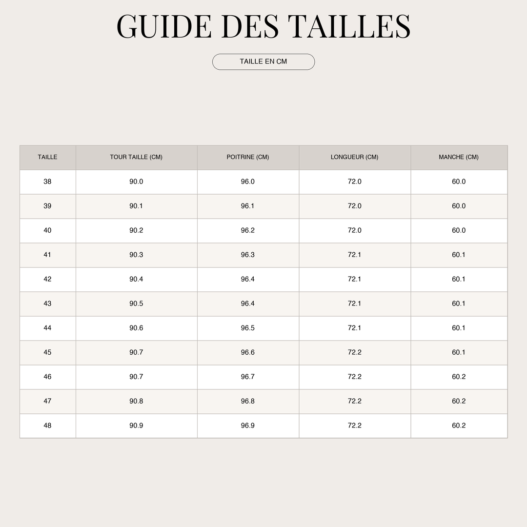 Chemise à manches longues pour Homme – Élégante et Coupe Ajustée size chart