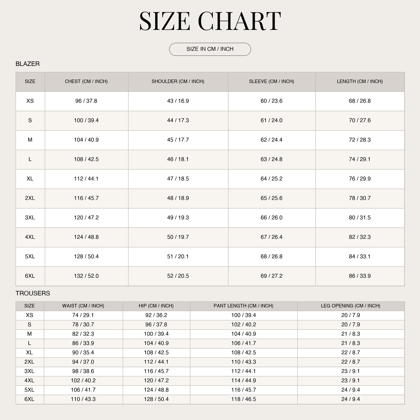 Men's Three-Piece Tailored Suit – Notch Lapel Wedding Style size chart