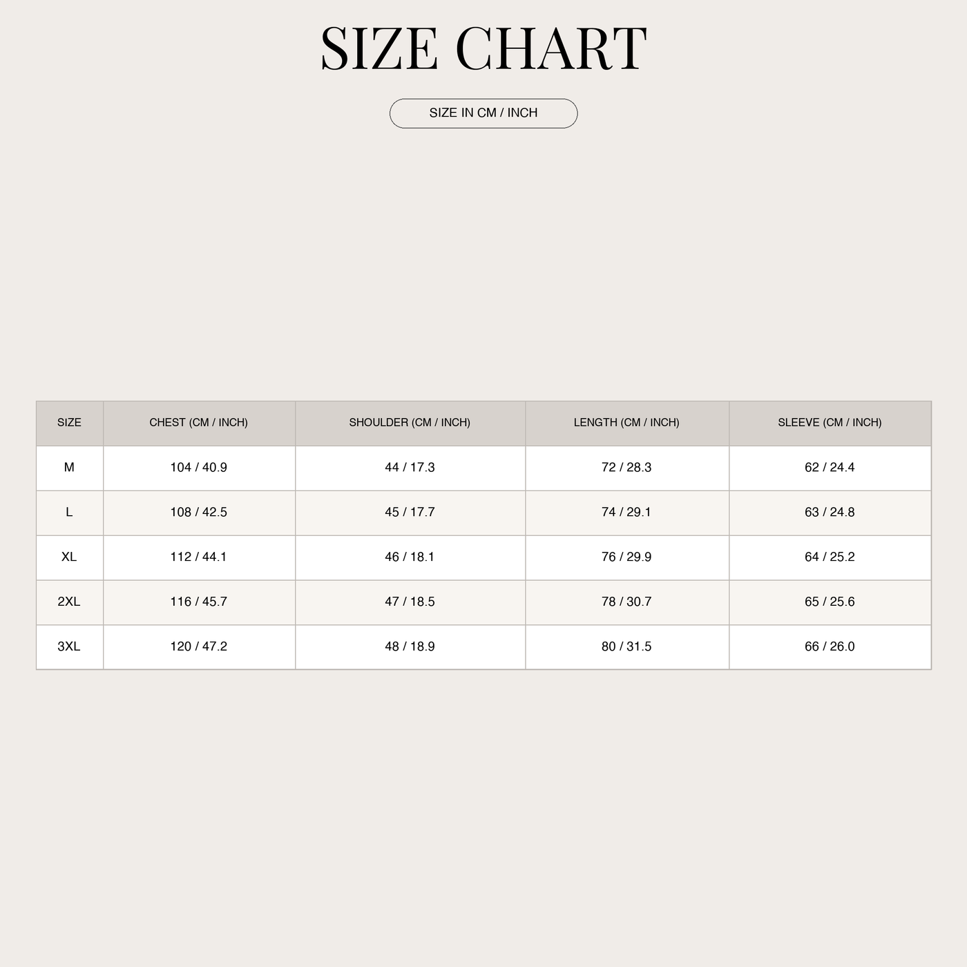 Men's Windproof Jacket – Long Fit for Fall size chart