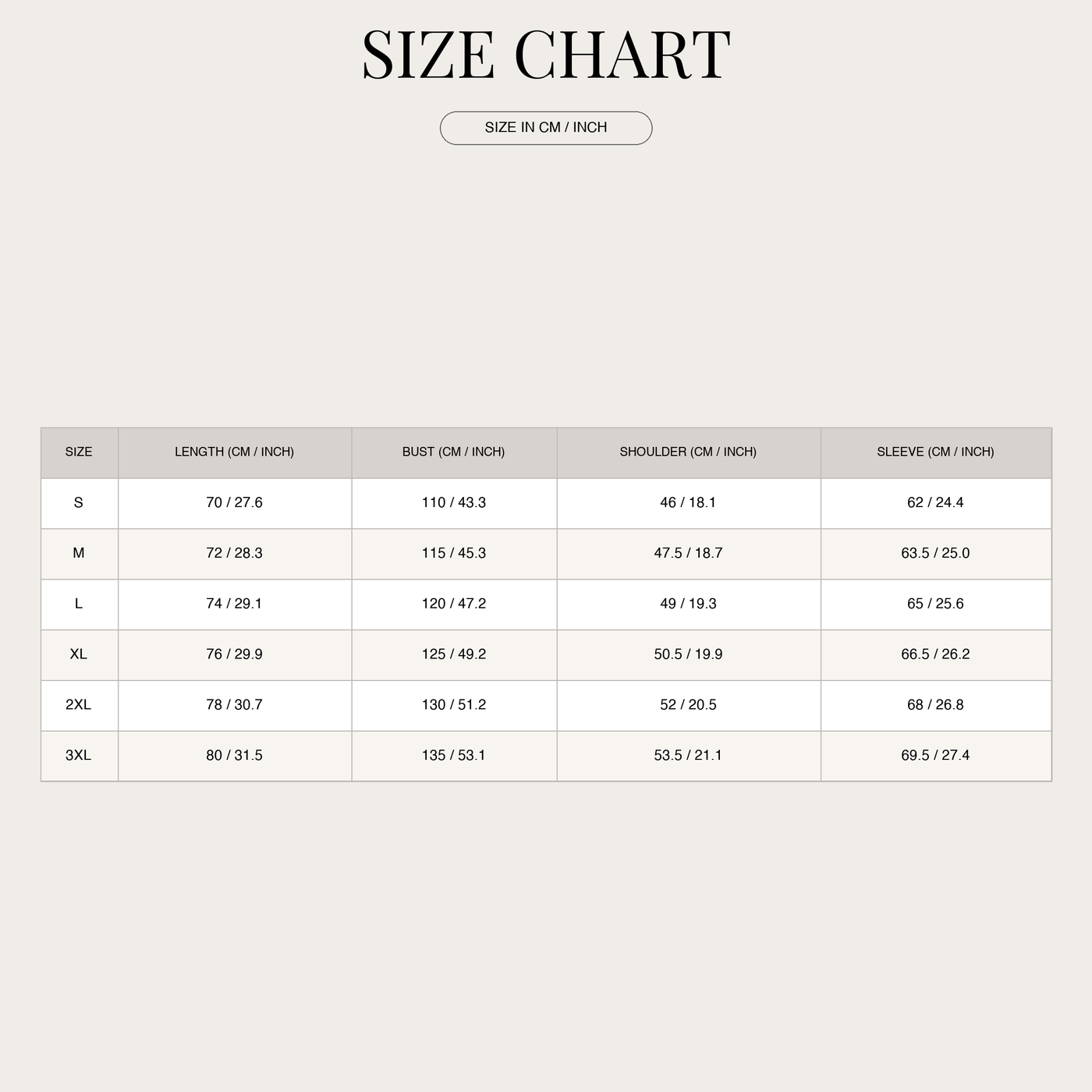 Men's Casual Jacket – Wind-Resistant and Comfortably Warm size chart