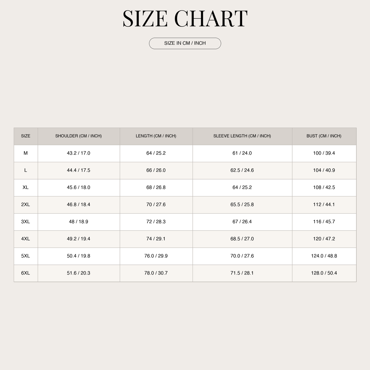 Men's Casual Jacket – Wind-Resistant for Everyday Wear size chart