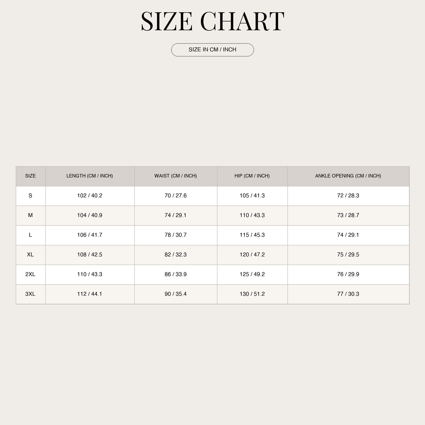 Men's Casual Jogging Bottoms – Comfortable and Warming size chart
