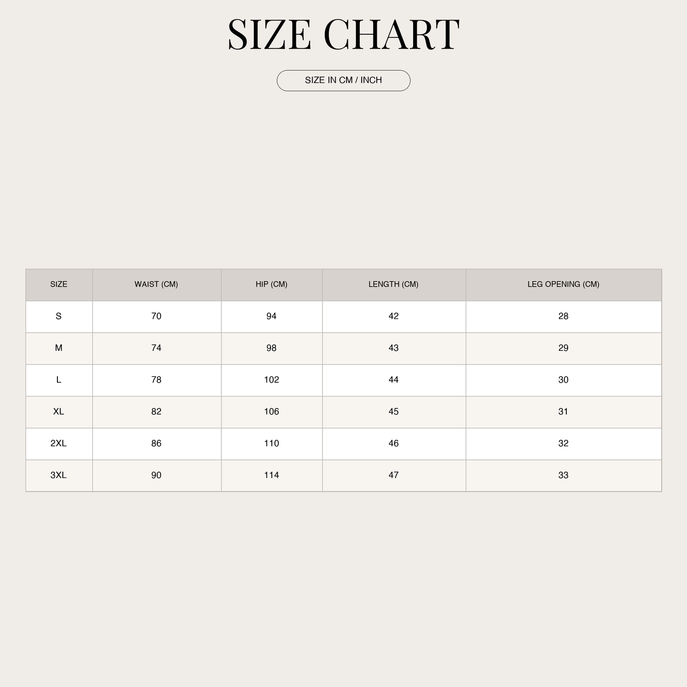 Men's Classic Summer Shorts – Refined Cut and Airy Fabric size chart