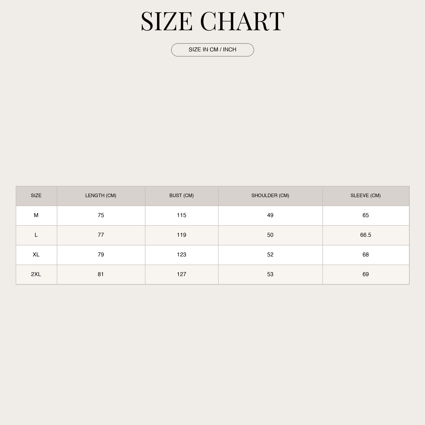Men's Classic Trench Coat – With Fold-Down Collar size chart