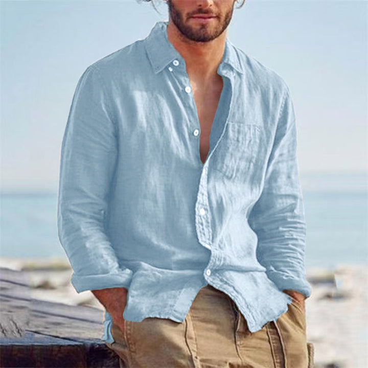 Mens_Lightweight_Linen_Shirt_Stand_Collar_with_Buttoned_Front_1