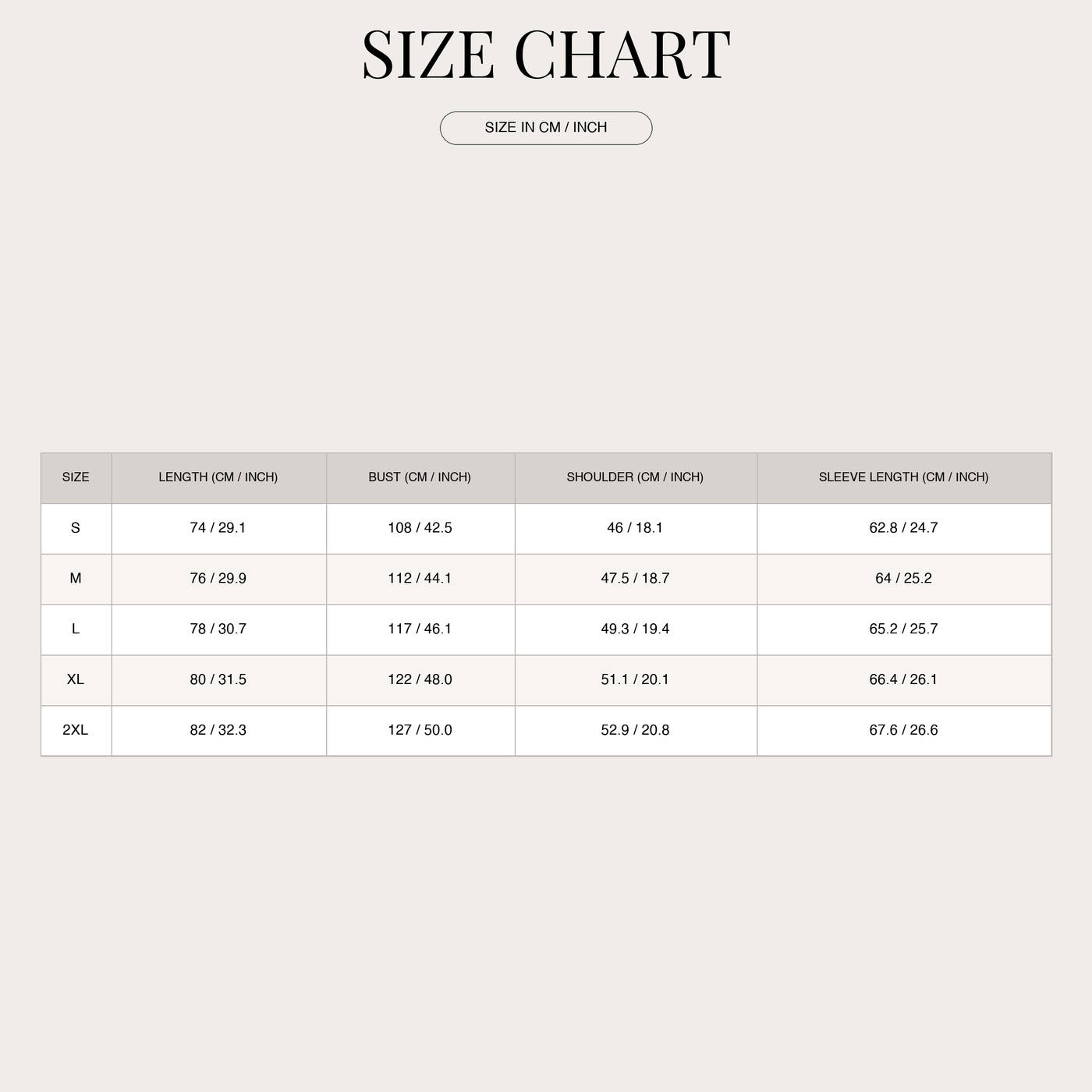 Men's Lightweight Shirt – Modern Mandarin Collar Design size chart