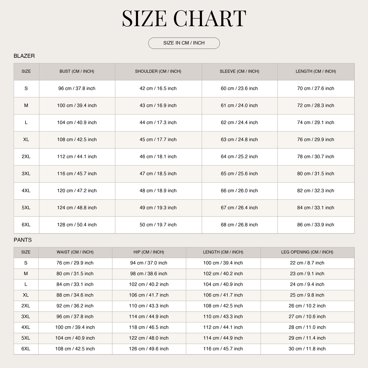 Men's Lightweight Two-piece Linen Suit – For Wedding and Business size chart