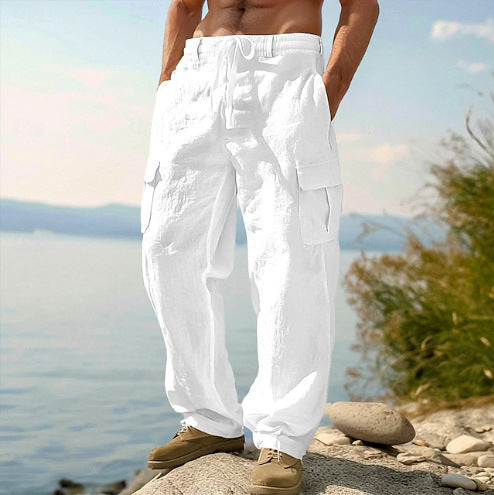 Mens_Linen_Cargo_Pants_Flap_Pockets_with_Elastic_Waist_1